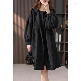 Women's Trench Coats Jacquard Coat Black Women Long 2023 Autumn/Winter Korean Version Of Everything Casual Loose High-End Solid Color