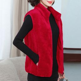 Women's Vests Elegant Women Vest Cosy Stylish Plush Waistcoat Warm Sleeveless With Stand Collar Pockets Double-sided For Autumn