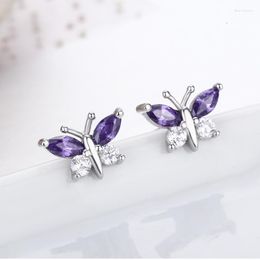 Stud Earrings Cute 925 Sterling Silver Butterfly Purple 7 White CZ For Women Children Girls Kids Jewellery Orecchini Aros Aretes