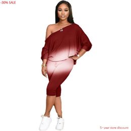 Women's Tracksuits Woman Tshirts Club Outfits Set Two Piece Women Batwing Sleeve One Shoulder Loose Tee Tops Midi Pencil Pant262c