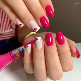 False Nails 24Pcs Rose Red Heart Square Short Fake Wearable Ballerina French Women With Glue Tips Full Cover Press On