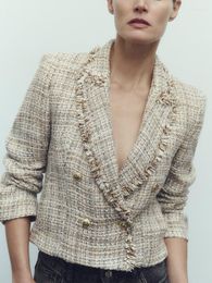 Women's Suits Women Blazers And Jackets Elegant Frayed Trim Lapel Textured Tweed Blazer Long Sleeve Double Breasted Cropped Suit Jacket