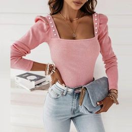 Women's Blouses Casual Solid Bodycon Autumn Beaded Patchwork Pit Strip Tops Women Fashion Square Neck Long Sleeve Slim Fit Pullover