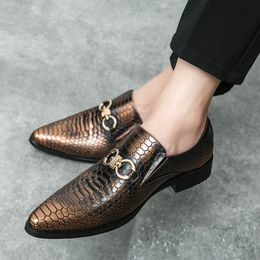 Men Lefu Shoes with Pointed PU Snake Skin Texture Metal Buckle Decoration for Comfort Breathability and Anti Slip British Formal Shoes