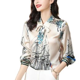 Luxury Designer Blouses Silk Women Shirt 2023 Fashion Runway Lapel Bow Flowers Tie Up Button Shirts Spring Office Lady Long Sleeve229b