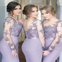 New Lilac Bridesmaid Dresses Mermaid Sheer Neck Long Sleeves Sweep Train Bridesmaids Gowns With Lace Applique Illusion Back Formal2417