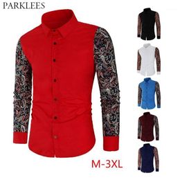 Paisley Floral Print Men Shirts Retro Flower Patchwork Men Long Sleeve Shirt Casual Slim Fit Mens Chemise Button Up Clothing1280Q