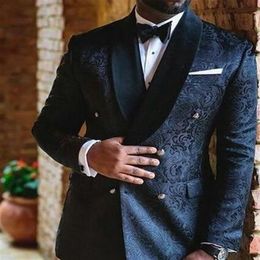 Black Jacquard Fabric Men Blazer Jacket Side Vent Groom Tuxedos Man Prom Business Suits Jacket Pants Tie2982