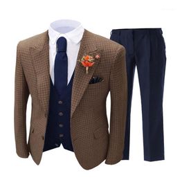 Men's Suits & Blazers Men's Suit Brown Formal 3 Pieces Slim Fit Shawl Lapel Plaid Soft Wool Tweed Prom Grey Tuxedos Wedd287M