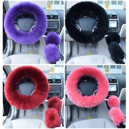 3pcs set Winter Wool Car Steering Wheel Cover Long Australian Wool Heated Fur Steering Wheel Cover Handbrake Gear Shifter Cover269y