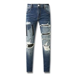 New Men's Jeans Men Denim Pants High Street Blue Distressed Patchwork Patch Letter Jeans For Men