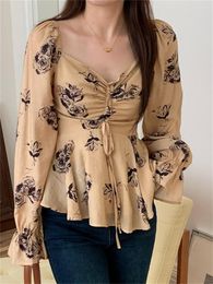Women's Blouses Alien Kitty Close Waist Full Sleeve Tops Women Chic Florals Gentle Office Lady Daily Autumn 2023 Slim V-Neck Printed