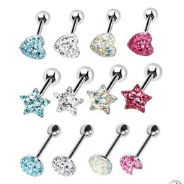 Tongue Rings 12Pieces Ferido Disc Barbell Ring Piercing Cz Crystal Epoxy Retainer Body Jewellery 14G-Round Heart Star Shape Dro Dhgarden Dhzo4