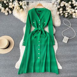 Basic Casual Dresses Elegant Golden Buttons Single Breasted Long Sleeve V Neck Knitted A Line Dress With Belt Autumn Winter Warm S303I