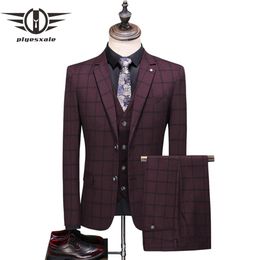 Men's Suits & Blazers Plyesxale Grey Burgundy Navy Blue Plaid Suit Men 2021 Spring Autumn Wedding For Groom Mens Fashion Casu2418