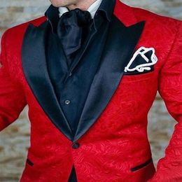 Custom Made Men Suits Red Pattern and Black Groom Tuxedos Shawl Satin Lapel Groomsmen Wedding Prom Man Jacket Pants Bow Tie226S