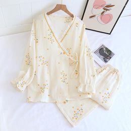 Women's Sleepwear Women Pajama Fdfklak Spring Crepe Kimono Long Sleeve Home Clothes Female Gauze Cotton V-Neck Suit