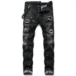 New Mens Badge Rips Stretch Black Jeans Fashion Designer Slim Fit Washed Motocycle Denim Pants Panelled Hip HOP Trousers324V