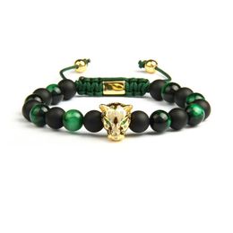 Men Panther Cz Bracelets Whole 8mm Natural Matte Agate & Green Tiger Eye Stone Leopard Macrame Jewelry210v