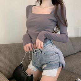 Women's T Shirts Kpop Y2K T-shirt Woman Korean Fashion Winter Crop Top Women Sexy Low Cut Long Sleeve Tee Shirt Autumn Vintage Solid Clothes