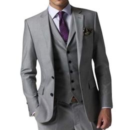 Fashion Side Slit Two Buttons Light Grey Groom Tuxedos Notch Lapel Men Wedding Party Groomsmen 3 pieces Suits Jacket Pants Vest T216A