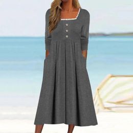 Casual Dresses Women Square Collar Lace Neckline Midi Dress Long Sleeve Buttons Decor Pockets Loose Hem A-Line Streetwear