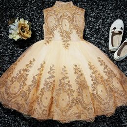 Elegantes Gold-Pailletten-Tüll-Festzug-Geburtstagsparty-Kleid für Mädchen, Perlen-Blumen-Mädchen-Prinzessin-Kleid für Kinder, Erstkommunion-Kleider284A