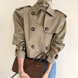 Women's Trench Coats Khaki Elegant Double Breasted Cropped Vintage Turn Down Collar Long Sleeve Windbreaker Women Fashion Short Jacket