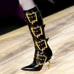 Boots fall winter fashion motorcycle boots brand design runway pointed metal buckle riding stiletto knee high women 230915