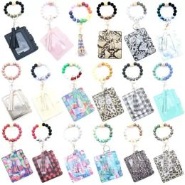 PU Leather Bracelet Wallet Keychain Party Bangle Key Ring Holder Card Bag Silicone Beaded Wristlet Handbag Women Wrist Car Rings with Tassel 916