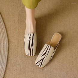 Slippers 2023 Summer Women Square Toe Sandals Low Heel Mules Genuine Leather Shoes For Mixed Color