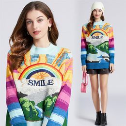 Women's Sweaters High Quality Embroidered Rainbow Sweater Women Long Sleeve Jacquard Knitted Striped Rabbit Hair Loose Thicke260w