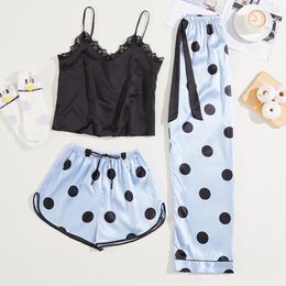 Women's Sleepwear Pyjamas Lightweight Dots Print 3 Piece Ice Silk Loose Summer Sets Tanks And Shorts Long Pants Suit