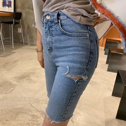 New design women's summer bodycon tunic slim waist denim jeans ripped holes patchwork knee length fifth pants half long trous316f