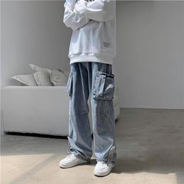 Mens Hip Hop Jeans Washed Vintage Oversized Denim Pants for Men Big Pockets Plus Size Wide Leg Trousers261w