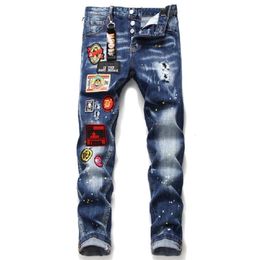 Mens Jeans Men Brand European American Style Blue Pants Slim Patchwork Letter Moto Biker Hole 230915