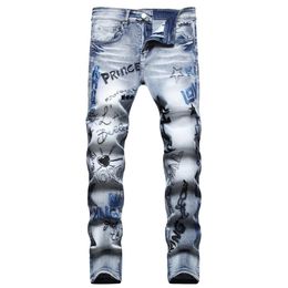 Men Slim Fit Stretch Jeans 3D Printed Embroidery Destroyed Skinny Straight Leg Washed Frayed Motocycle Denim Pants Hip Hop Biker M348E