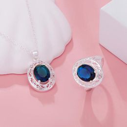 Necklace Earrings Set 925 Stamp Silver Pretty Blue Crystal Oval Pendant Necklaces Rings For Women Fashion Party Wedding