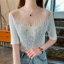 Women's Blouses Solid Sexy Slim Knitted Blouse Women Fashion Summer Tops Casual Pullover Shirts Half Sleeve Ice Silk Shirt Elegant 25377