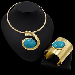 Yulaili Fine Turquoises Oval Egg Shape Gold Colour Necklace Bracelet Jewellery Sets For Women Temperament Wedding Fashion Jewelery275c