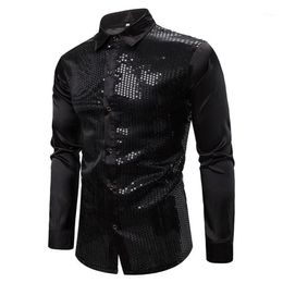 Mens Black Long Sleeve Button Down Dress Shirts 2020 Shiny Sequin Silk Satin Shirt Men Business Party Shirt Male Chemise Homme1320r