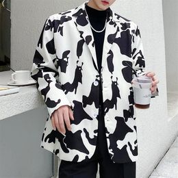 Autumn Men Vintage Black White Print Casual Suit Blazers Coat Male Streetwear Hip Hop Cow Printed Loose Overcoat Men's Suits 2620