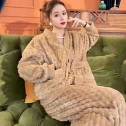 Women's Sleepwear Pocket Women Pyjamas Set Winter Fleece Velvet 2 Piece Pant Home Suit Sleep Fluffy Korean Piiama Solid Warm Night Wear