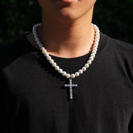 Pendant Necklaces European American sell like models simple cross 8-10mm pearl necklace hip hop trend men and women Pendant Ne263l