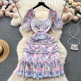 Casual Dresses Runway Holiday Summer Mesh Cake Dress Women's Puff Sleeve Square Collar Embroidery Beading Lace Trims Mini Ves222e