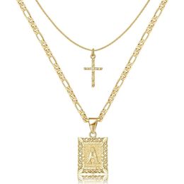 KELORIS PATH Gold Layered Initial Cross Necklace 14K Gold Plated Layering Square Letter Pendant Figaro Chain Cross Choker from A-Z Capital Jewellery for Women Girls