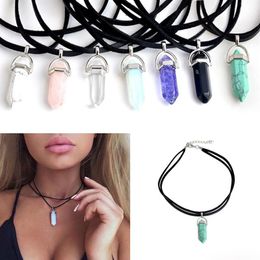 Pendant Necklaces Bullet Hexagonal Prism Shape Natural Stone Crystal Chakra Stone Pendant Necklaces for Women crystal stone neckla250J