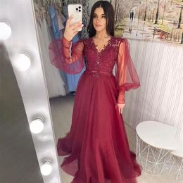 Burgundy Evening Dresses Party Dress Deep V-Neck Long Puff Sleeve A-Line Beaded For Tulle Prom Gowns robe de soiree femme2474