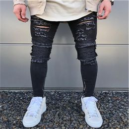 Men's Fashion Micro-bomb Slim Motorcycle Jeans Hip Hop Men Washed Torn Jeans Zipper Designer Black Jean282n