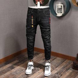 Fashion Streetwear Men Jeans Slim Fit Black Elastic Ripped Jeans Men Japanese Patches Designer Denim Pants Hip Hop Homme1302u